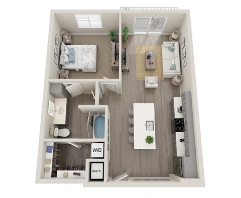 a 1 bedroom floorplan with a bathroom and a living room